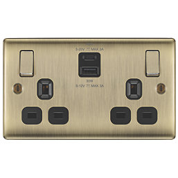 British General Nexus Metal 13A 2-Gang SP Switched Socket + 3A 45W 2-Outlet Type A & C USB Charger Antique Brass with Black Inserts
