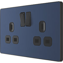 British General Evolve 13A 2-Gang SP Switched Socket Blue  with Black Inserts