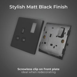 British General Evolve 13A 1-Gang SP Switched Socket Matt Black  with Black Inserts