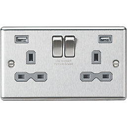 Knightsbridge  13A 2-Gang SP Switched Socket + 2.4A 2-Outlet Type A USB Charger Brushed Chrome with Colour-Matched Inserts