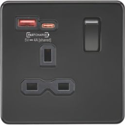 Knightsbridge  13A 1-Gang SP Switched Socket + 4.0A 18W 2-Outlet Type A & C USB Charger Matt Black with Black Inserts