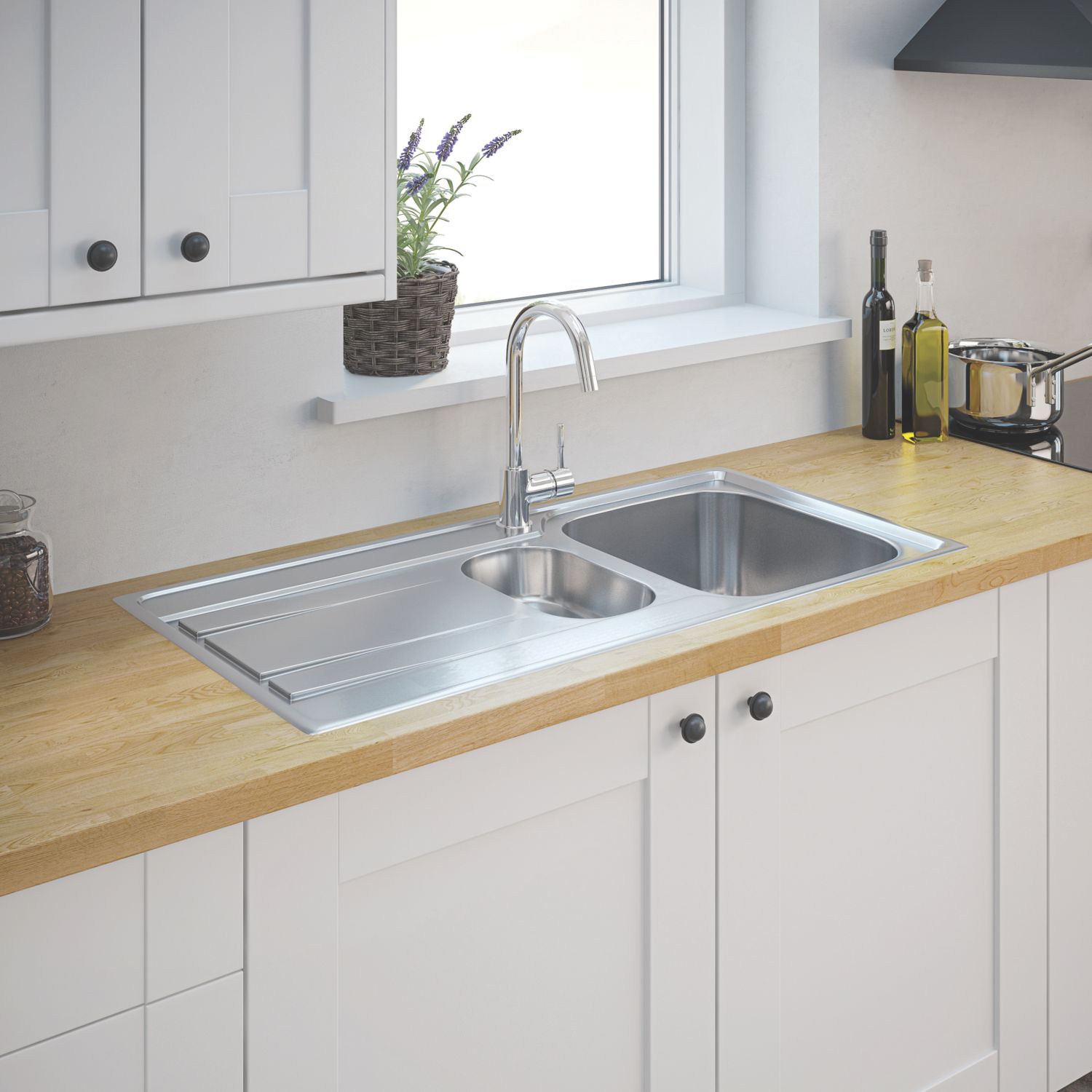 1.5 Bowl Stainless Steel Kitchen Sink & Drainer 1000mm x 500mm (7588K)