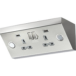 Knightsbridge  13A 2-Gang SP Switched Socket + 2.4A 2-Outlet Type A USB Charger Stainless Steel with Colour-Matched Inserts