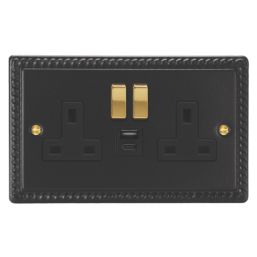 Varilight  13A 2-Gang SP Switched Socket + 4A 20W 2-Outlet Type A & C USB Charger Georgian Black with Black Inserts