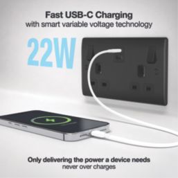 British General Nexus Metal 13A 2-Gang SP Switched Socket + 3.25A 22W 2-Outlet Type C USB Charger Matt Black with Black Inserts