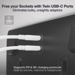 British General Nexus Metal 13A 2-Gang SP Switched Socket + 3.25A 22W 2-Outlet Type C USB Charger Matt Black with Black Inserts
