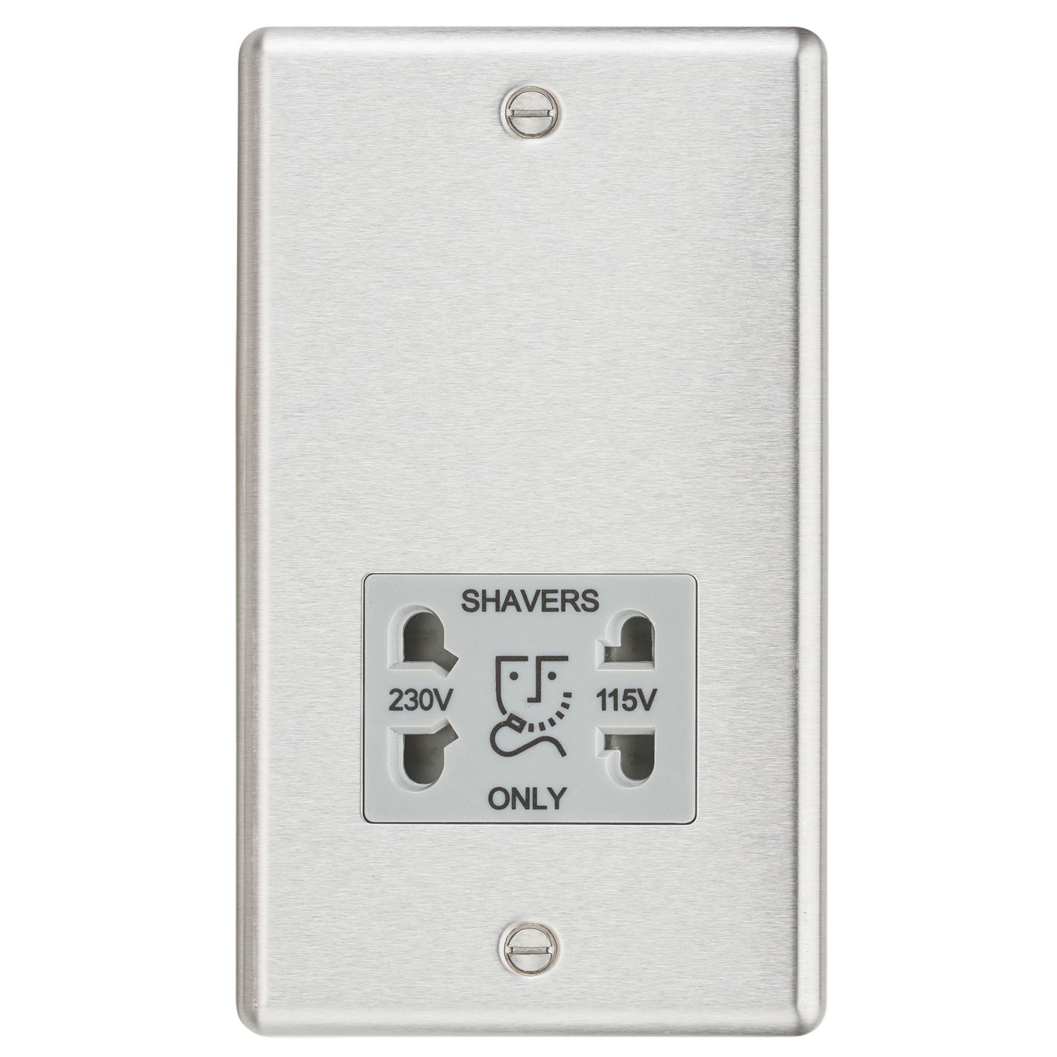 Knightsbridge 2-Gang Dual Voltage Shaver Socket 115 V / 230V Brushed Chrome with Colour-Matched Inserts (759TX)