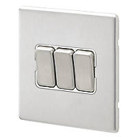 MK Aspect 10AX 3-Gang 2-Way Switch  Brushed Stainless Steel with White Inserts