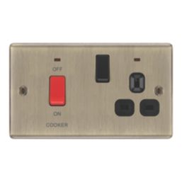 LAP  45A 2-Gang 2-Pole Cooker Switch & 13A DP Switched Socket Antique Brass with LED with Black Inserts