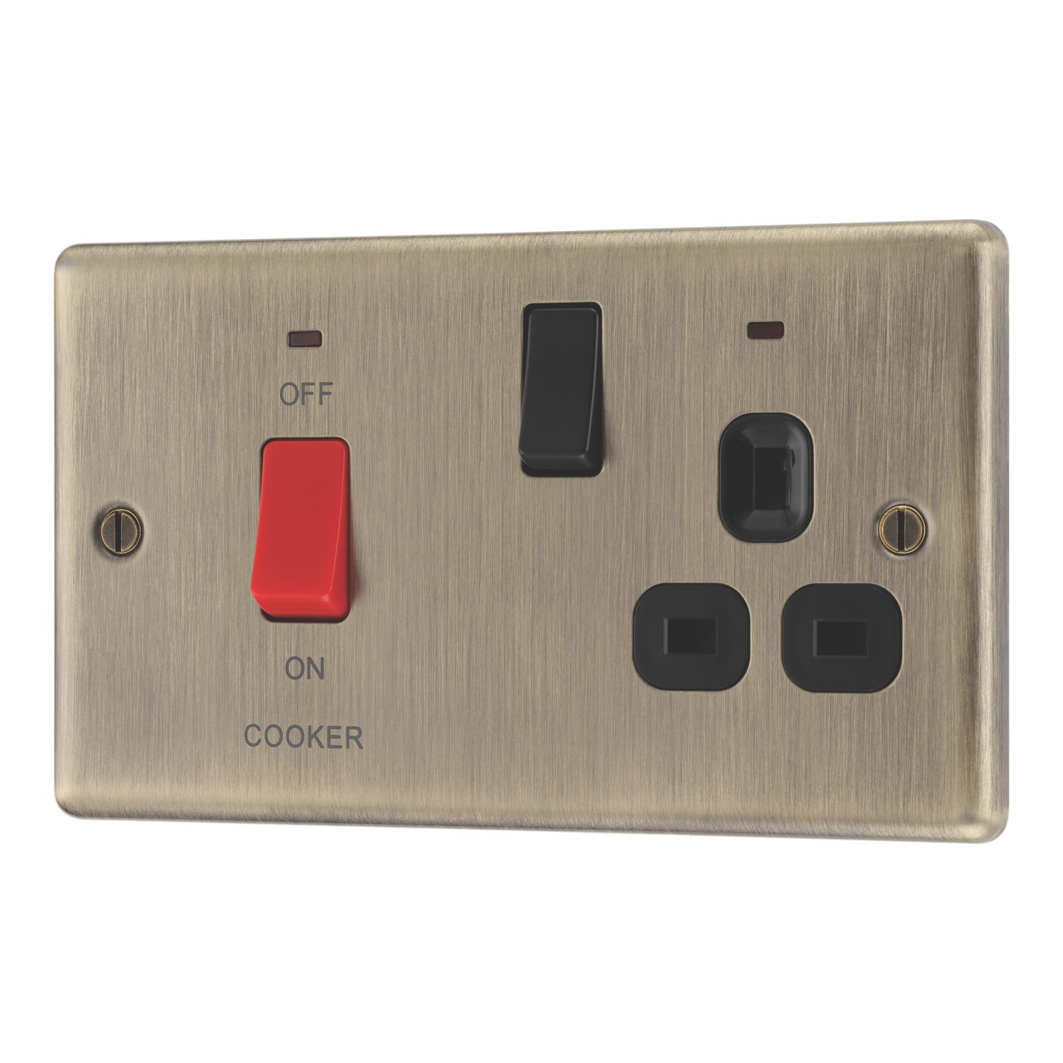LAP 45A 2-Gang 2-Pole Cooker Switch & 13A DP Switched Socket Antique Brass with LED with Black Inserts (760PN)