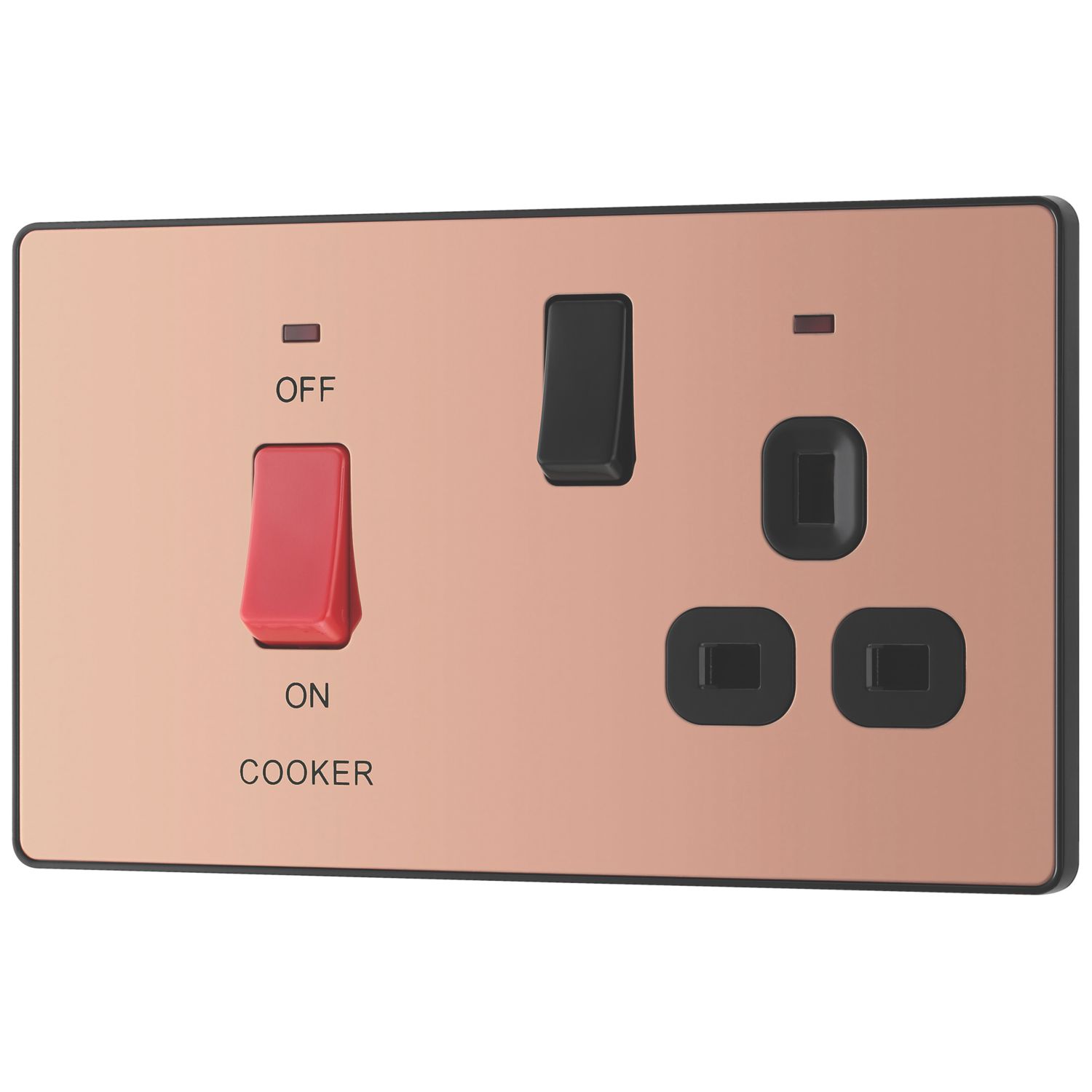 British General Evolve 45A 2-Gang 2-Pole Cooker Switch & 13A DP Switched Socket Copper with LED with Black Inserts (760PX)