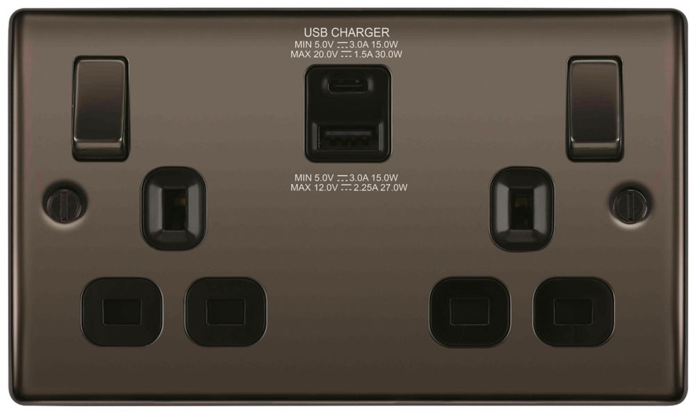British General Nexus Metal 13A 2-Gang SP Switched Socket + 3A 30W 2-Outlet Type A & C USB Charger Black Nickel with Black Inserts