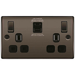 British General Nexus Metal 13A 2-Gang SP Switched Socket + 3A 2-Outlet Type A & C USB Charger Black Nickel with Black Inserts