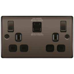 British General Nexus Metal 13A 2-Gang SP Switched Socket + 3A 30W 2-Outlet Type A & C USB Charger Black Nickel with Black Inserts