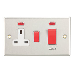 Contactum iConic 45A 2-Gang DP Cooker Switch & 13A DP Switched Socket Brushed Steel with Neon with White Inserts