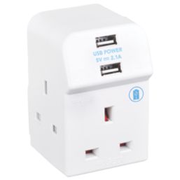 Masterplug 13A Fused 3-Way Socket Adaptor + 2.1A 2-Outlet Type A USB Charger White