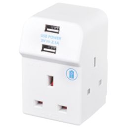 Masterplug 13A Fused 3-Way Socket Adaptor + 2.1A 2-Outlet Type A USB Charger White