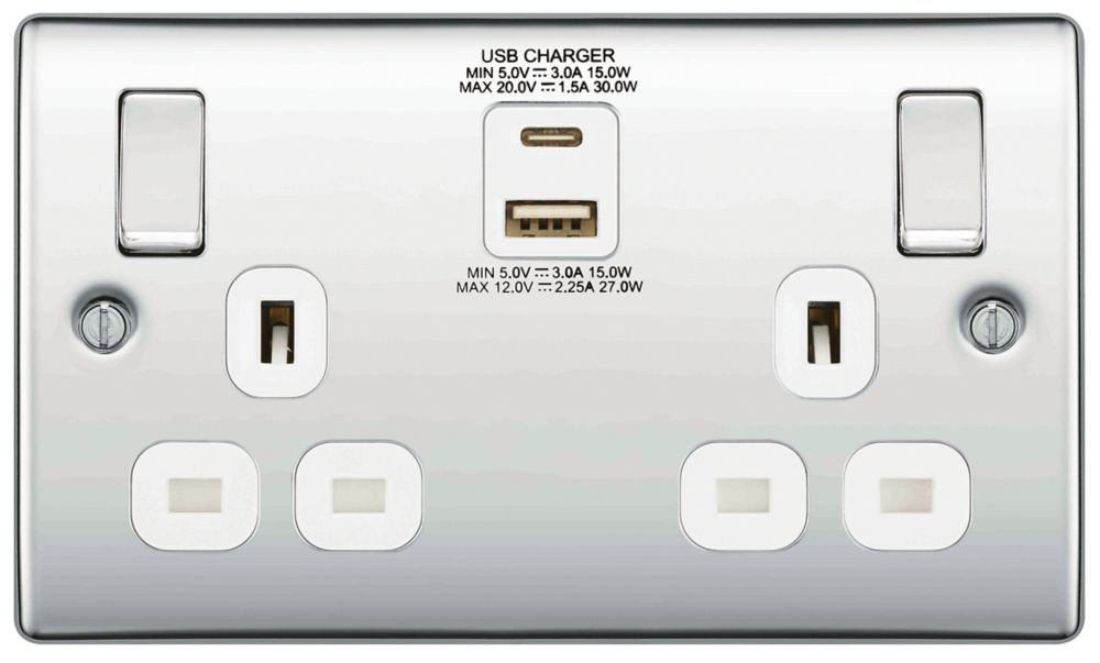 British General Nexus Metal 13A 2-Gang SP Switched Socket + 3A 30W 2-Outlet Type A & C USB Charger Polished Chrome with White Inserts