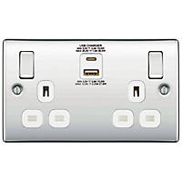 British General Nexus 13A 2-Gang SP Switched Socket + 3A 2-Outlet Type A & C USB Charger Polished Chrome with White Inserts