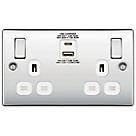 British General Nexus 13A 2-Gang SP Switched Socket + 3A 2-Outlet Type A & C USB Charger Polished Chrome with White Inserts