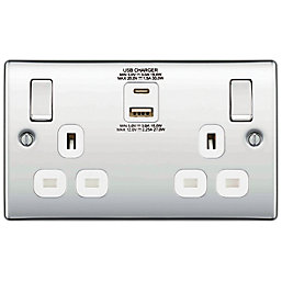 British General Nexus Metal 13A 2-Gang SP Switched Socket + 3A 2-Outlet Type A & C USB Charger Polished Chrome with White Inserts