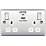 British General Nexus Metal 13A 2-Gang SP Switched Socket + 3A 2-Outlet Type A & C USB Charger Polished Chrome with White Inserts