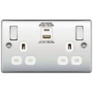 British General Nexus Metal 13A 2-Gang SP Switched Socket + 3A 30W 2-Outlet Type A & C USB Charger Polished Chrome with White Inserts