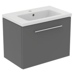 Ideal Standard i.life S Wall Hung Vanity Unit with Chrome Handle & Basin Matt Quartz Grey 610mm x 385mm x 475mm
