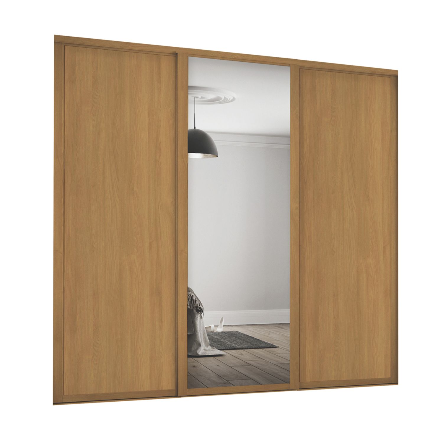 Spacepro Shaker 3-Door Sliding Wardrobe Doors Oak Frame Oak / Mirror Panel 1680mm x 2260mm (7656F)