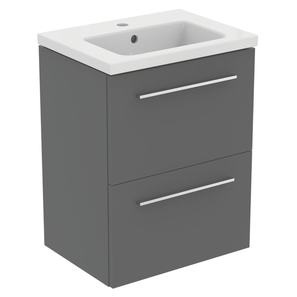 Ideal Standard i.life S Wall Hung Vanity Unit With Chrome Handles & Basin Gloss Quartz Grey 510mm x 385mm x 665mm