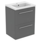 Ideal Standard i.life S Wall Hung Vanity Unit With Chrome Handles & Basin Matt Quartz Grey 510mm x 385mm x 665mm