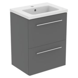 Ideal Standard i.life S Wall Hung Vanity Unit With Chrome Handles & Basin Matt Quartz Grey 510mm x 385mm x 665mm