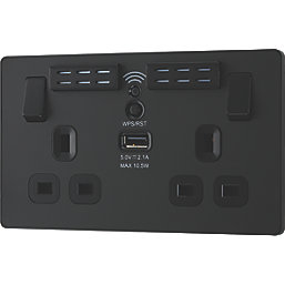 British General Evolve 13A 2-Gang SP Switched Double Socket With WiFi Extender + 2.1A 1-Outlet Type A USB Charger Matt Black with Black Inserts