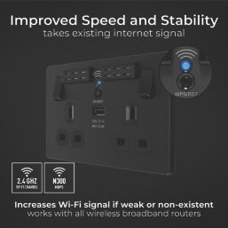 British General Evolve 13A 2-Gang SP Switched Double Socket With WiFi Extender + 2.1A 10.5W 1-Outlet Type A USB Charger Matt Black with Black Inserts