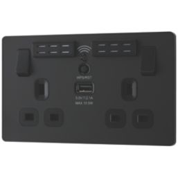 British General Evolve 13A 2-Gang SP Switched Double Socket With WiFi Extender + 2.1A 10.5W 1-Outlet Type A USB Charger Matt Black with Black Inserts