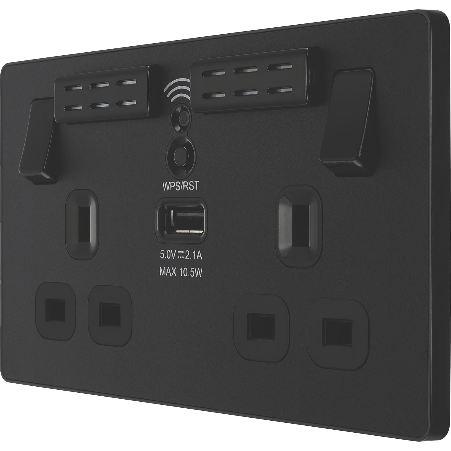 British General Evolve 13A 2-Gang SP Switched Double Socket With WiFi Extender + 2.1A 10.5W 1-Outlet Type A USB Charger Matt Black with Black Inser...