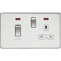 Knightsbridge  45 & 13A 2-Gang DP Cooker Switch & 13A DP Switched Socket Polished Chrome with LED with White Inserts