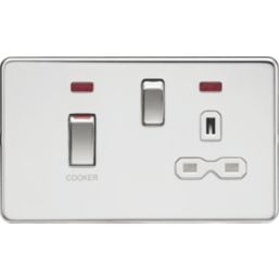 Knightsbridge  45A 2-Gang DP Cooker Switch & 13A DP Switched Socket Polished Chrome with LED with White Inserts