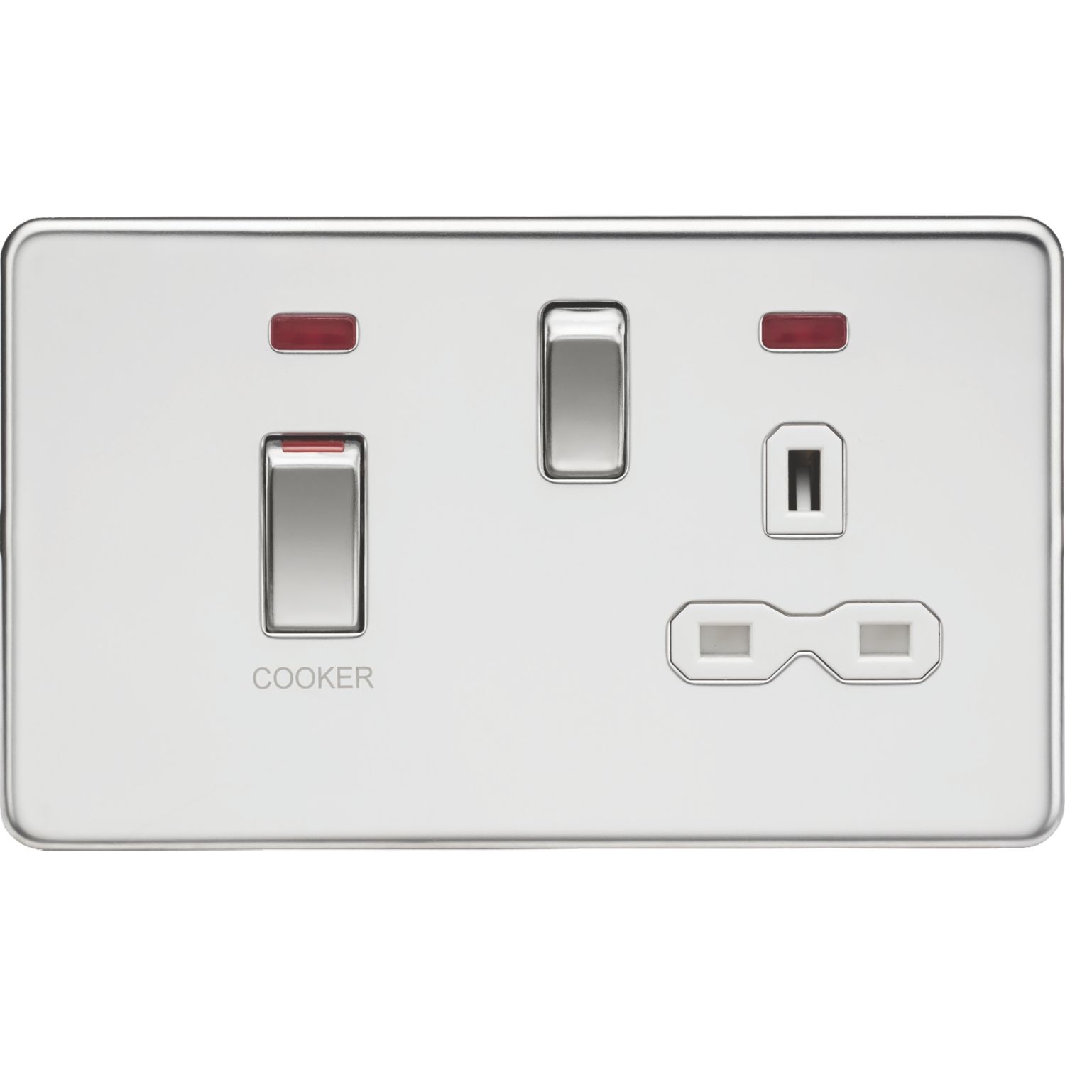 Knightsbridge 45A 2-Gang DP Cooker Switch & 13A DP Switched Socket Polished Chrome with LED with White Inserts (766TX)