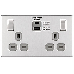 LAP  13A 2-Gang DP Switched Socket + 4.2A 15W 2-Outlet Type A & C USB Charger Brushed Stainless Steel with Graphite Inserts