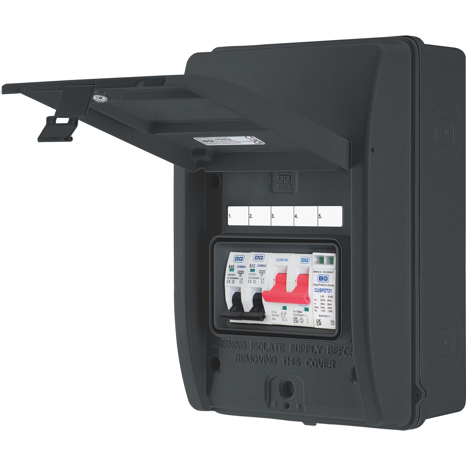 British General Sync EV IP65 Weatherproof Outdoor 5-Module 5-Way Populated EV Charger Consumer Unit with SPD (768PG)