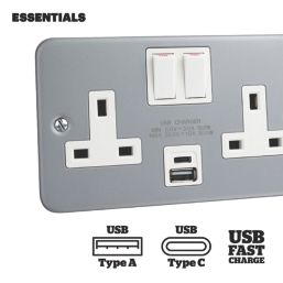 Essentials  13A 2-Gang 2-Pole Switched Metal Clad Socket + 3A 30W 2-Outlet Type A & C USB Charger with White Inserts