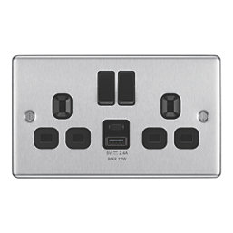 LAP  13A 2-Gang SP Switched Socket + 2.4A 12W 2-Outlet Type A & C USB Charger Brushed Steel with Black Inserts