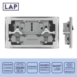 LAP  13A 2-Gang SP Switched Socket + 2.4A 12W 2-Outlet Type A & C USB Charger Brushed Steel with Black Inserts