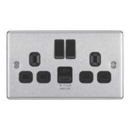LAP  13A 2-Gang SP Switched Socket + 2.4A 12W 2-Outlet Type A & C USB Charger Brushed Steel with Black Inserts
