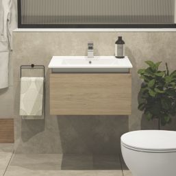 Newland  Single Drawer Wall-Mounted Vanity Unit with Basin Effect Natural Oak 600mm x 450mm x 370mm