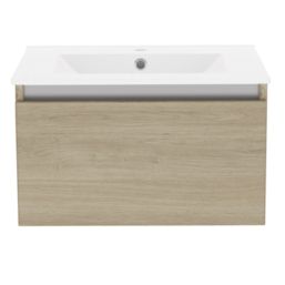 Newland  Single Drawer Wall-Mounted Vanity Unit with Basin Effect Natural Oak 600mm x 450mm x 370mm