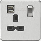 Knightsbridge SFR9124BC 13A 1-Gang SP Switched Socket + 2.4A 2-Outlet Type A USB Charger Brushed Chrome with Black Inserts