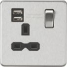 Knightsbridge  13A 1-Gang SP Switched Socket + 2.4A 12W 2-Outlet Type A USB Charger Brushed Chrome with Black Inserts