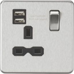 Knightsbridge  13A 1-Gang SP Switched Socket + 2.4A 12W 2-Outlet Type A USB Charger Brushed Chrome with Black Inserts